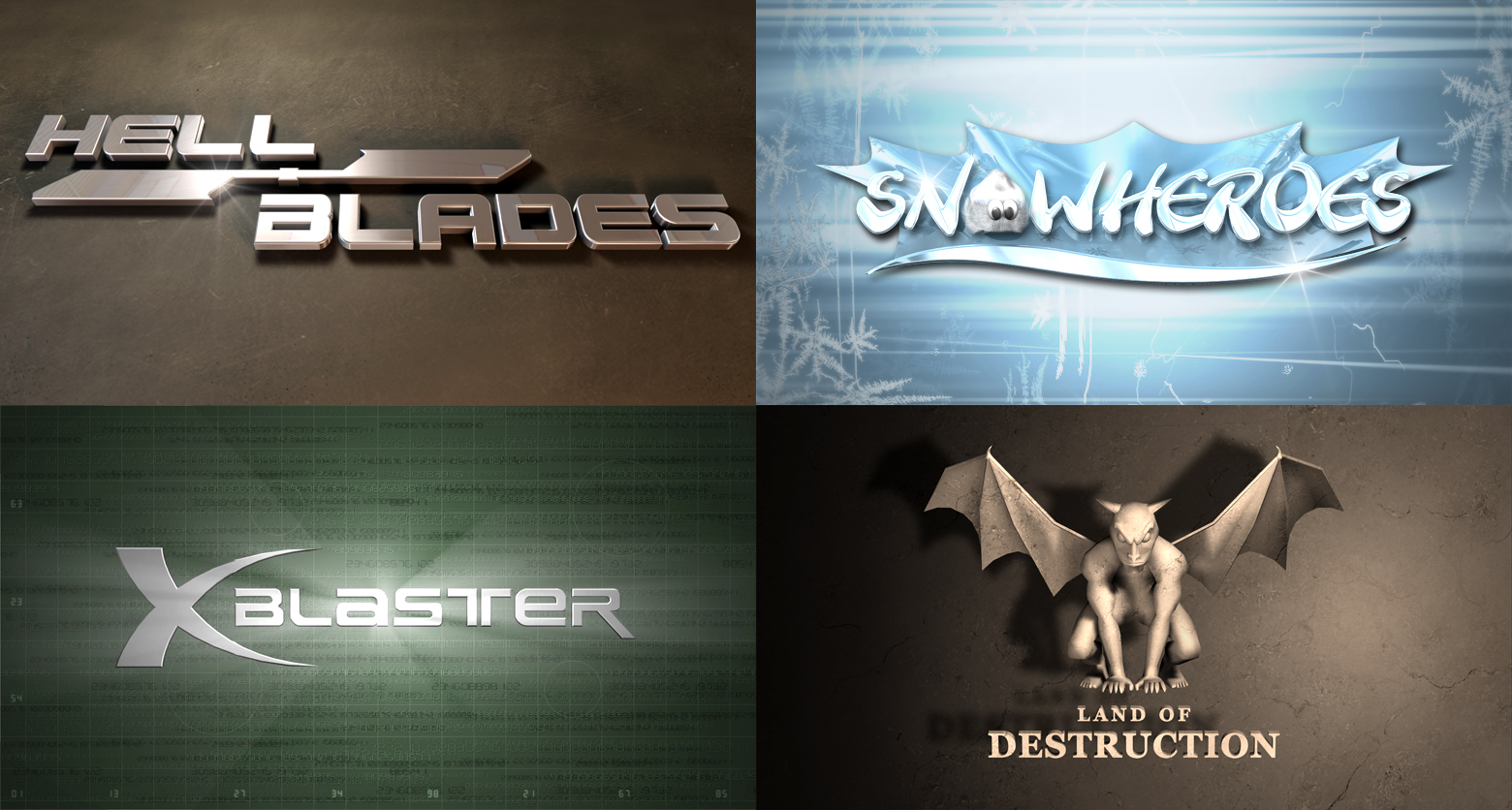 3D Visualisierung: Logos - 3D-Visualisierungen verschiedener Logos diverser Onlinespiele: HellBlades, Snowheroes, XBlaster und Land of Destruction.