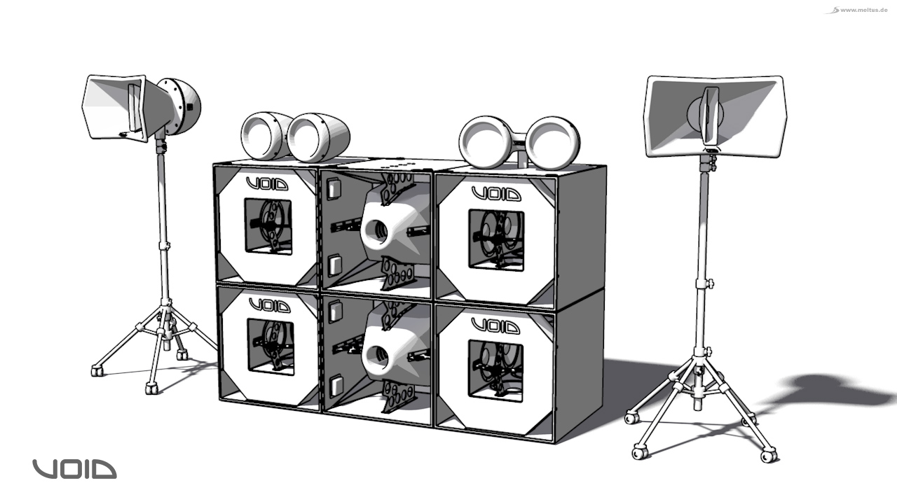 Illustration: Soundsystem Void Acoustics Cartoon-Style - Illustration im Linien-Style / Cartoon-Style von einem Void Acoustics Soundsystems bestehen aus dem Nexus X, dem Nexus Q, dem Air Vantage und dem Airten.