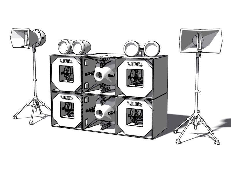 Illustration im Linien-Style / Cartoon-Style von einem Void Acoustics Soundsystems bestehen aus dem Nexus X, dem Nexus Q, dem Air Vantage und dem Airten.