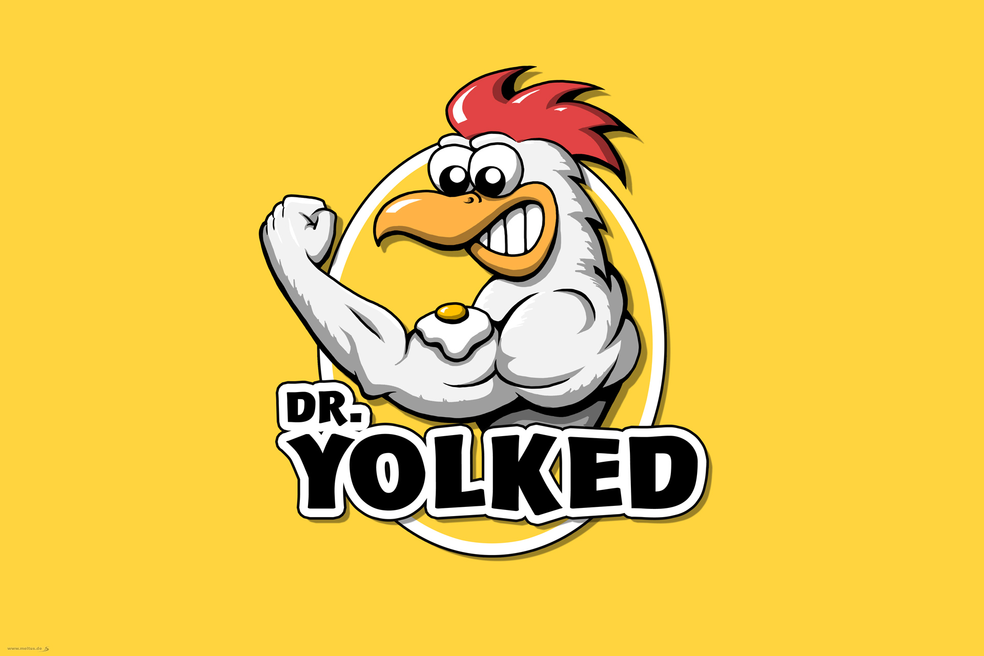 2D Cartoon: Dr Yolked Logo - Dr. Yolked, Cartoon Hahn, Logo- & Maskottchenentwurf.