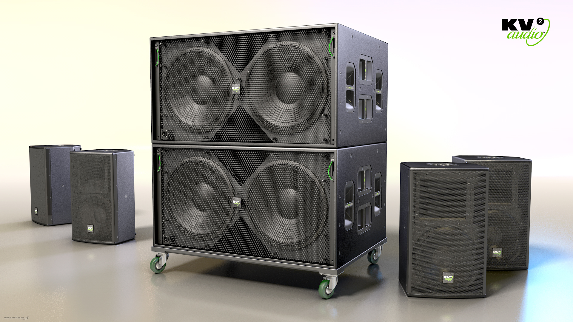 3D Produktvisualisierung: Soundsystem KV2 Audio - 3D Visualisierungen eines KV2 Audio Soundsystems bestehend aus dem VHD2.18J und dem ESD12.