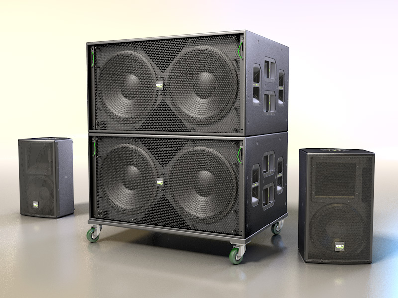 3D Visualisierungen eines KV2 Audio Soundsystems bestehend aus dem VHD2.18J und dem ESD12.