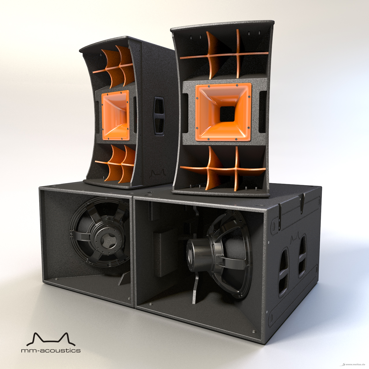 3D Produktvisualisierung: Soundsystem MM Acoustics Axios One und M4.18 - 3D Visualisierungen eines MM Acoustics Soundsystems bestehend aus dem Axios One und dem M4.18.