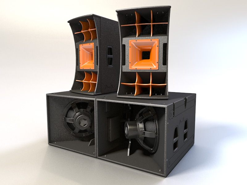 3D Visualisierungen eines MM Acoustics Soundsystems bestehend aus dem Axios One und dem M4.18.